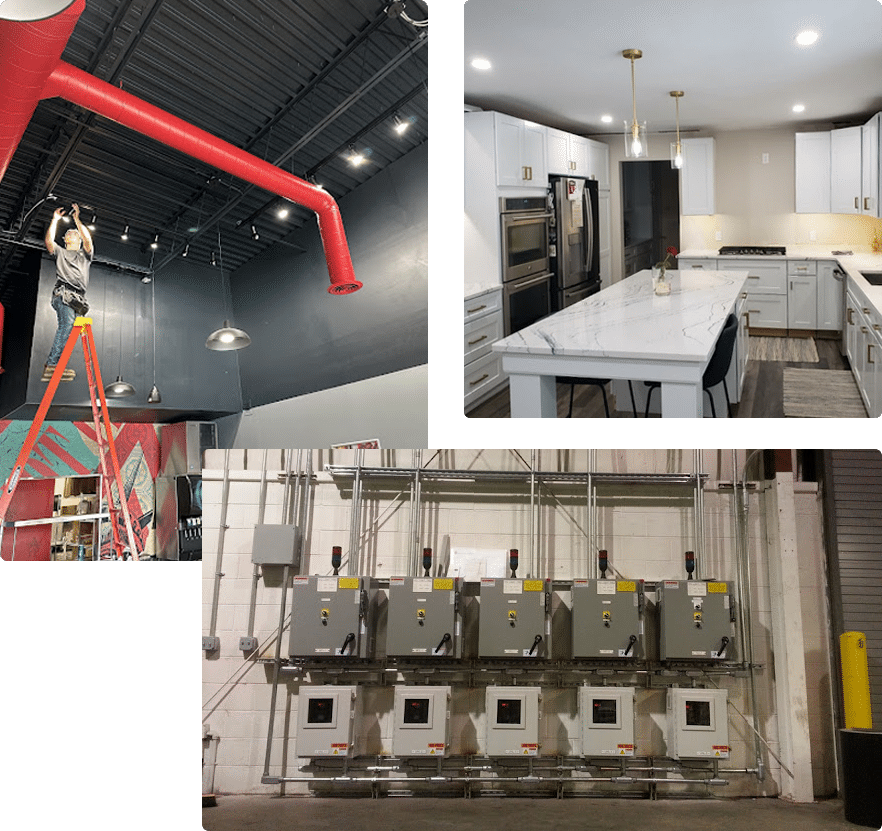 a collection of images featuring an electrician installing commercial lights at a restaurant, a kitchen with new light fixtures, and a wall on an industrial facility with several electric panels